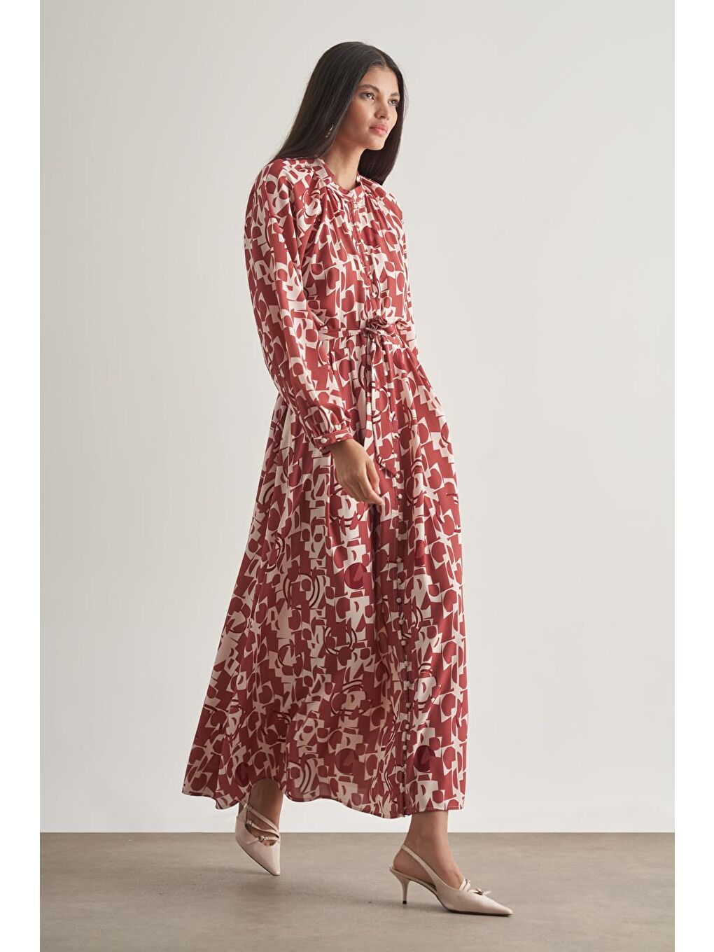 Siyah Keten Dokulu Naturel Desenli Uzun Yazlık Elbise-2