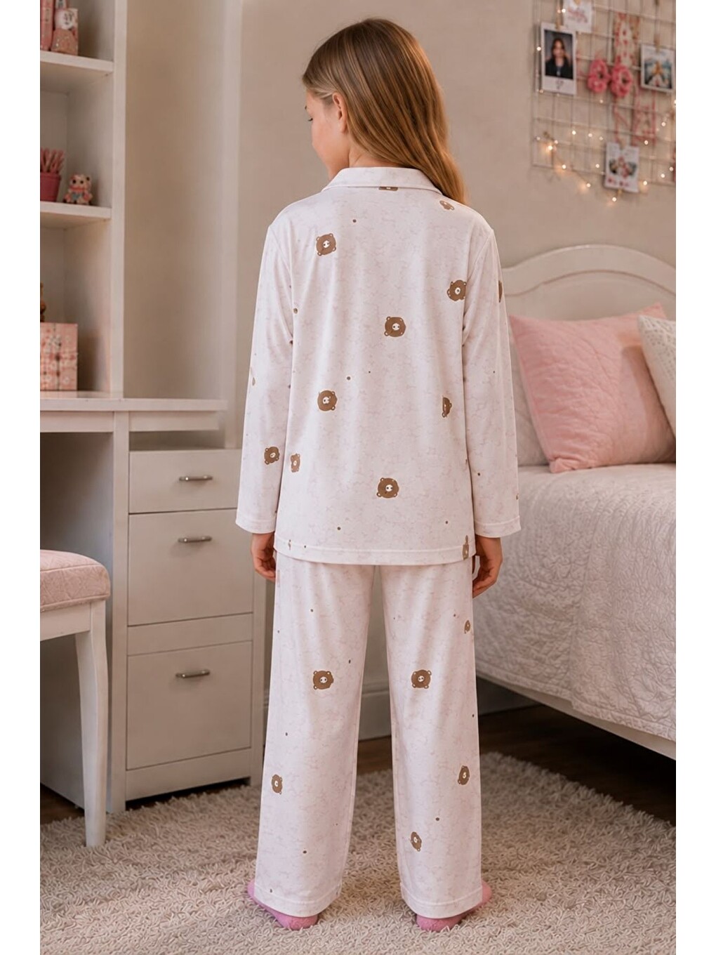 Pembe Kız Çocuk Aile Boyu Pamuklu Desenli Pijama Takım Tkm1023-3
