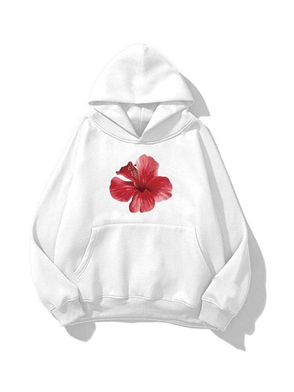 Unisex Hibiscus Baskılı Kapüşonlu Sweatshirt Hoodie Beyaz