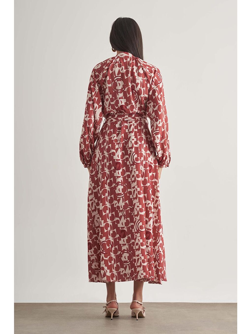 Siyah Keten Dokulu Naturel Desenli Uzun Yazlık Elbise-3