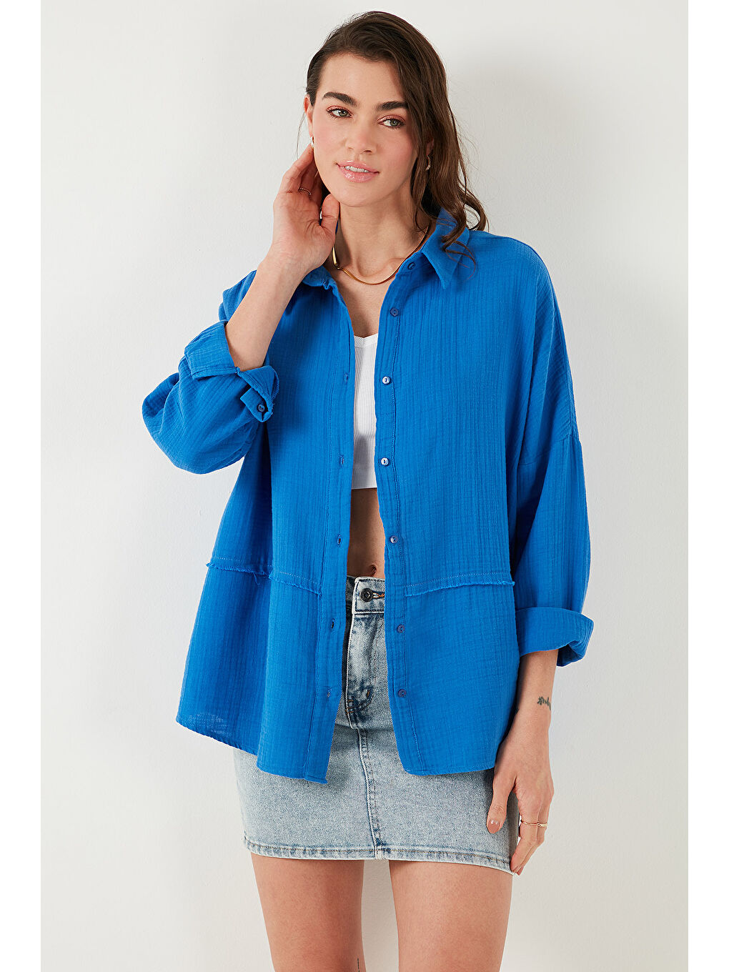 Lela Mavi Pamuklu Regular Fit Müslin Gömlek Cf25S166905 - 5