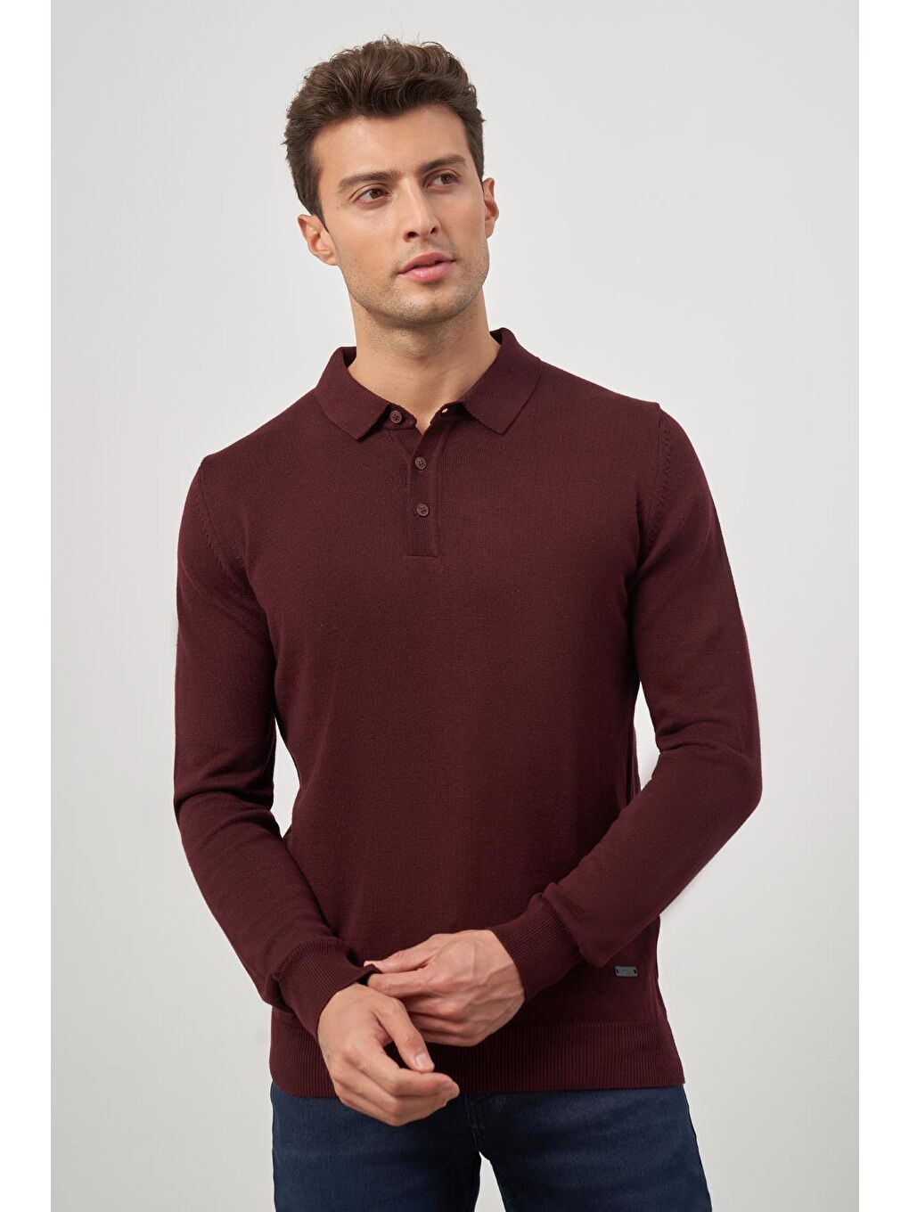 Bordo Uzun Kol Düz Örme Polo Yaka Classic Comfort Fit Triko 1012245007