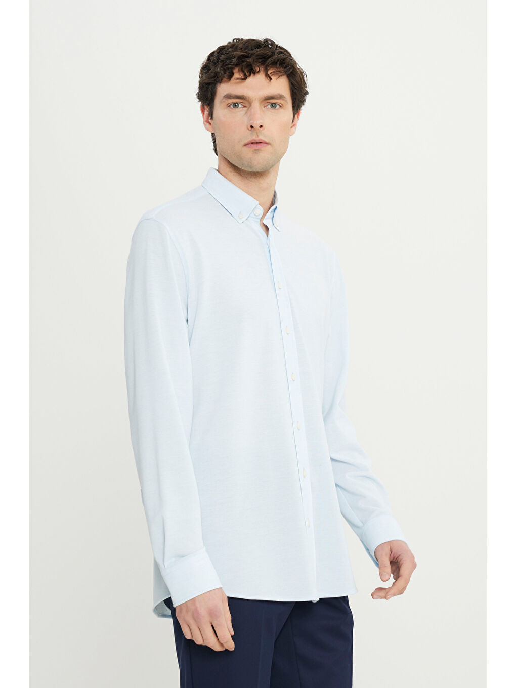 Erkek Mavi 360 Her Yöne Esneyen Pamuklu Slim Fit Dar Kesim Düğmeli Yaka Örme Gömlek-2
