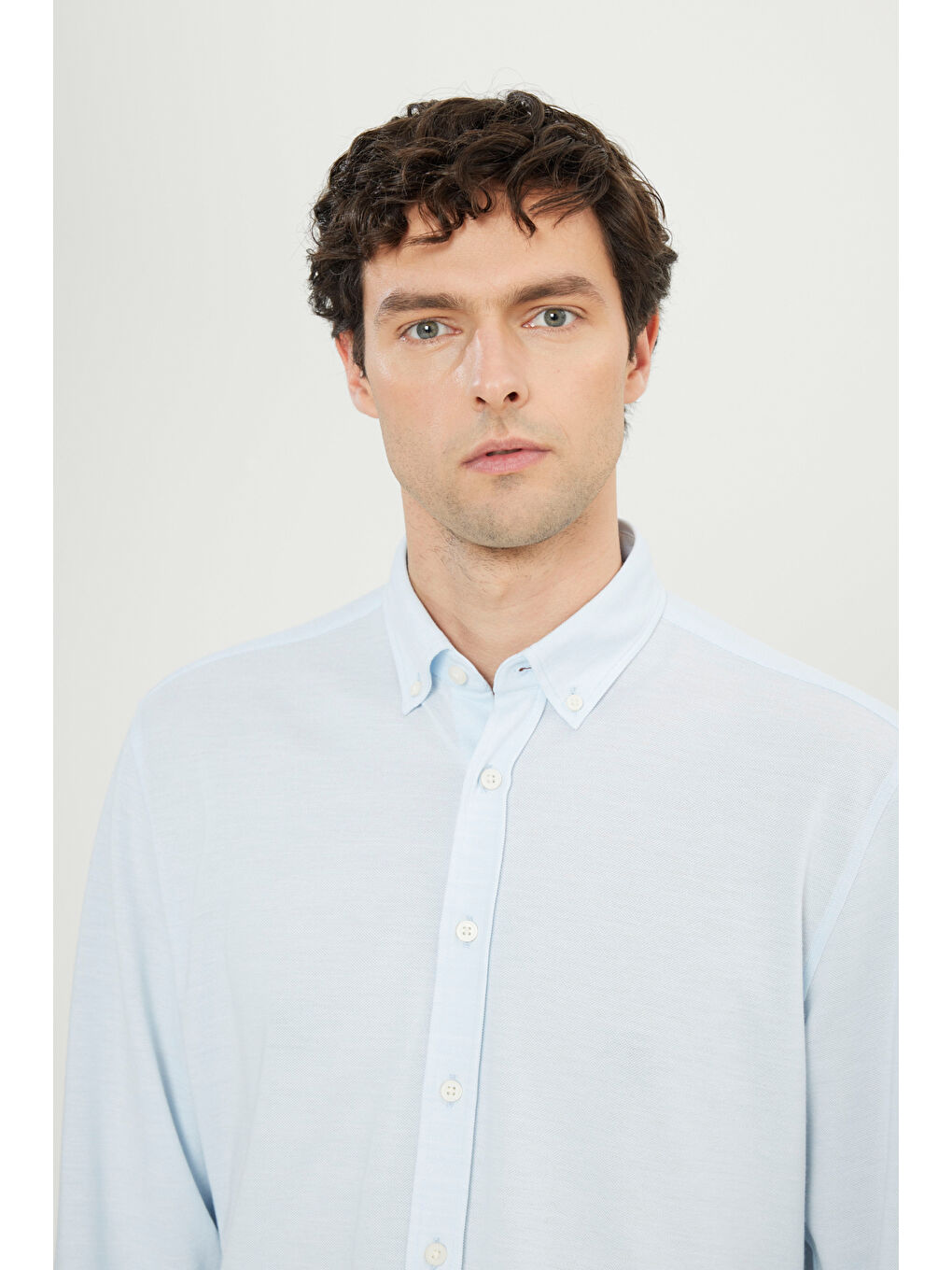 Erkek Mavi 360 Her Yöne Esneyen Pamuklu Slim Fit Dar Kesim Düğmeli Yaka Örme Gömlek-3