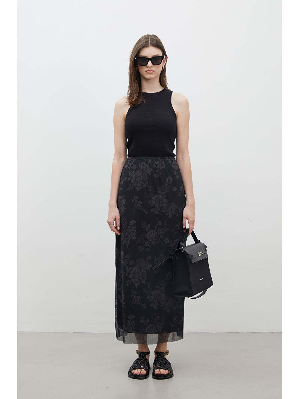 Siyah Desenli Tül Etek Retro Çiçek