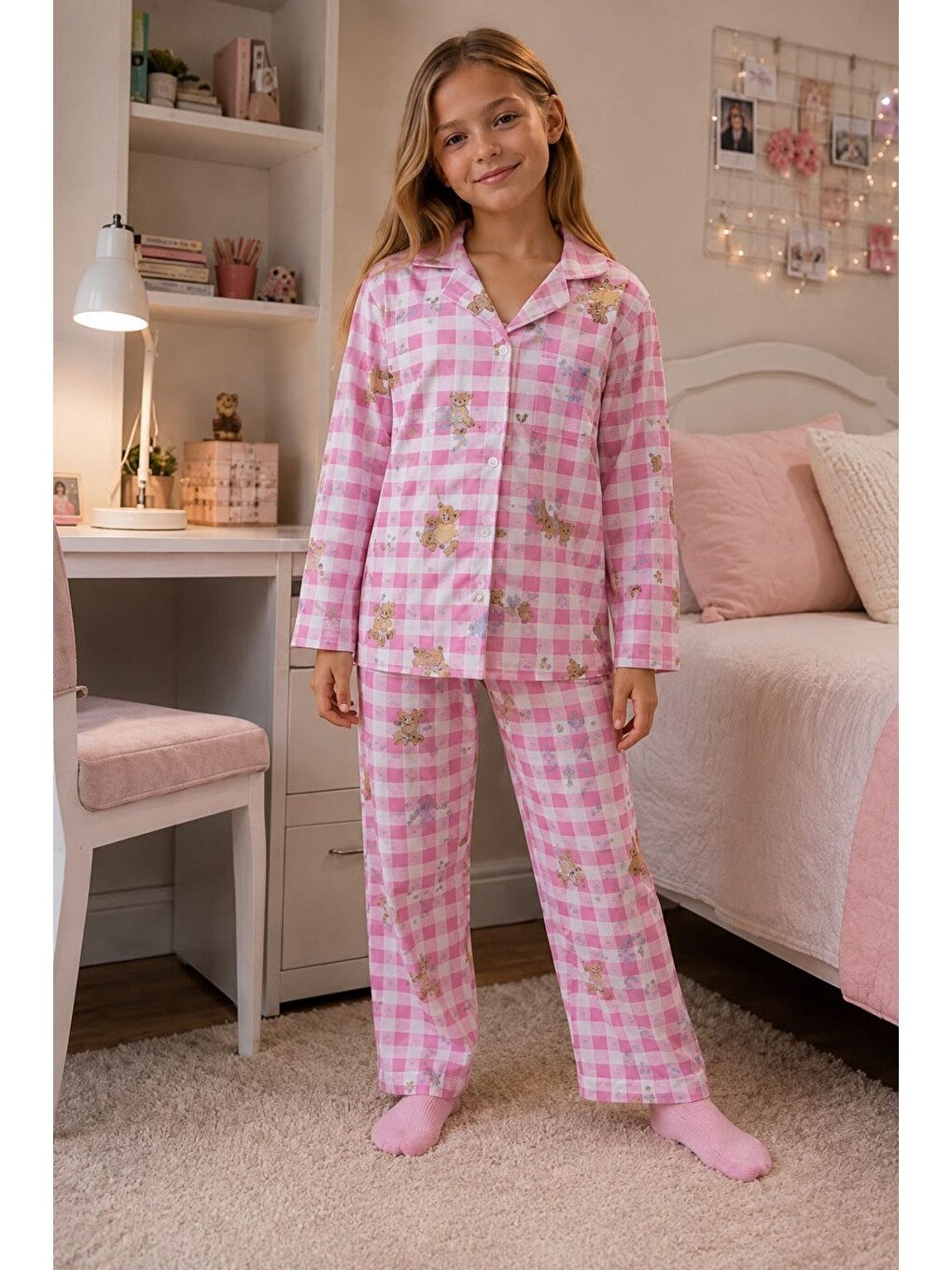 Pembe Kız Çocuk Aile Boyu Pamuklu Desenli Pijama Takım Tkm1023