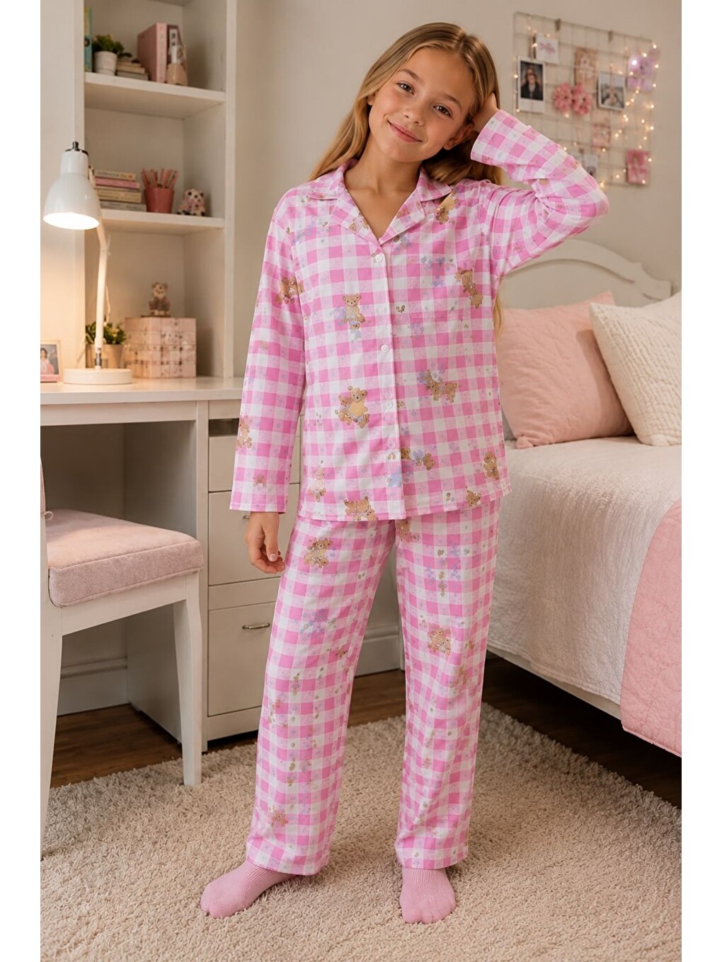 Pembe Kız Çocuk Aile Boyu Pamuklu Desenli Pijama Takım Tkm1023-1