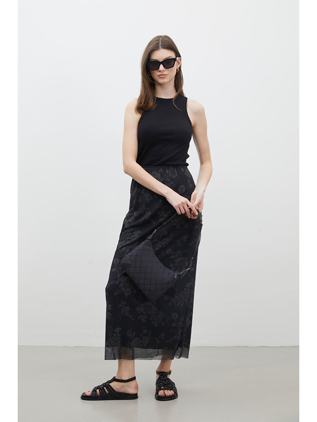 Siyah Desenli Tül Etek Retro Çiçek-1