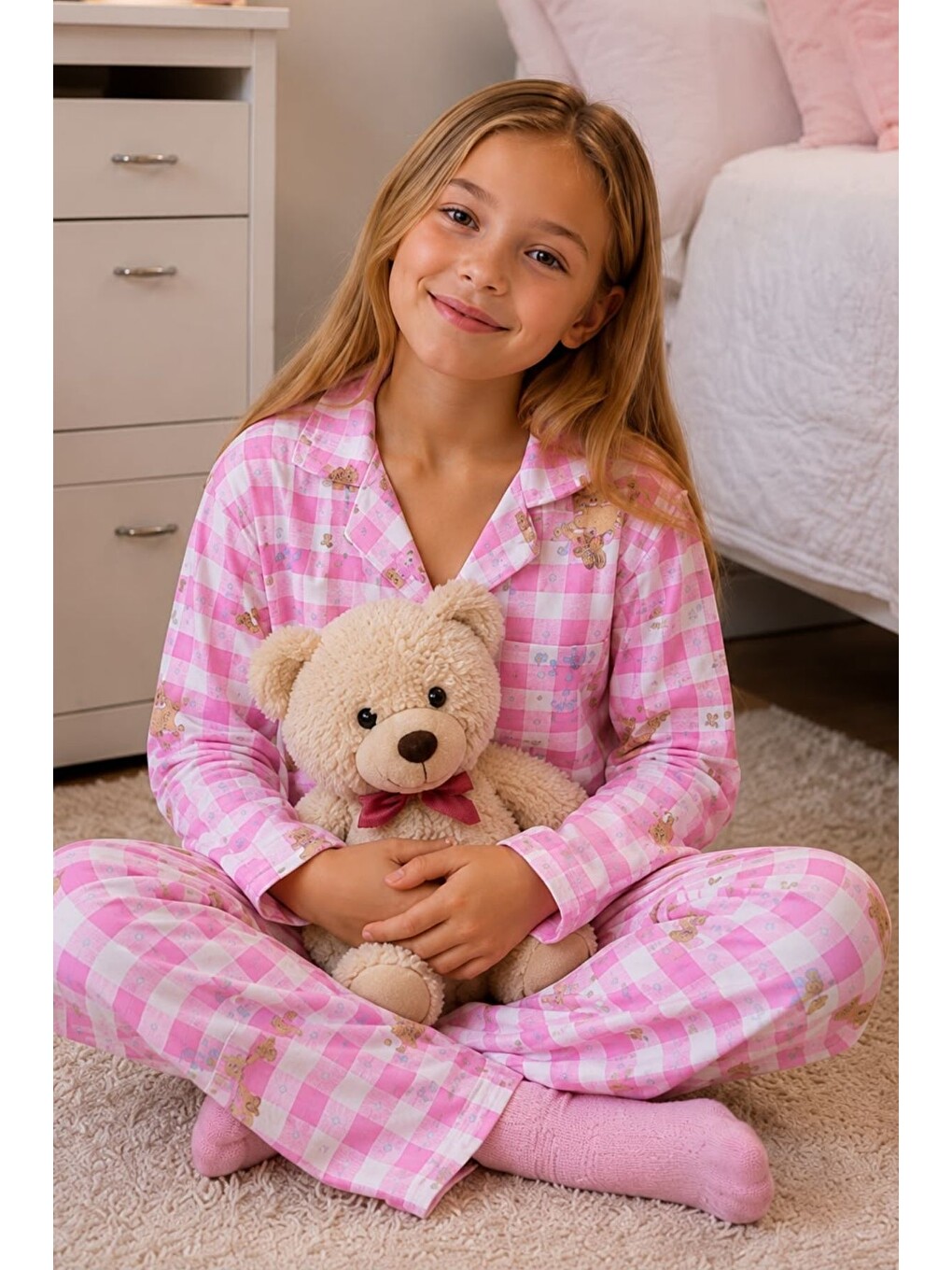 Pembe Kız Çocuk Aile Boyu Pamuklu Desenli Pijama Takım Tkm1023-2