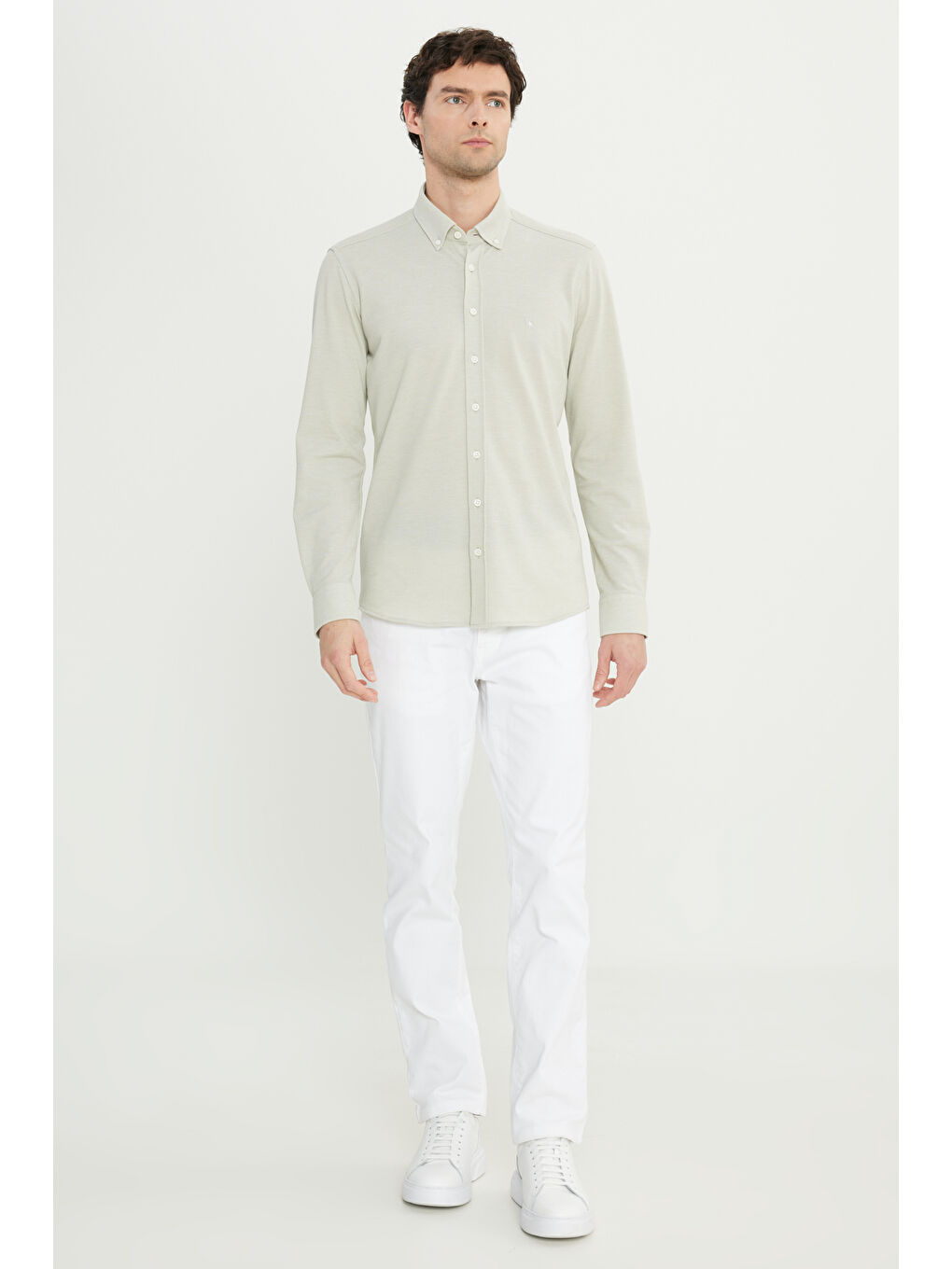 Erkek Haki 360 Her Yöne Esneyen Pamuklu Slim Fit Dar Kesim Düğmeli Yaka Örme Gömlek-1