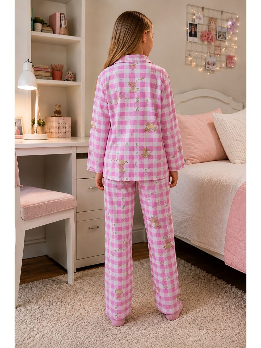 Pembe Kız Çocuk Aile Boyu Pamuklu Desenli Pijama Takım Tkm1023-3