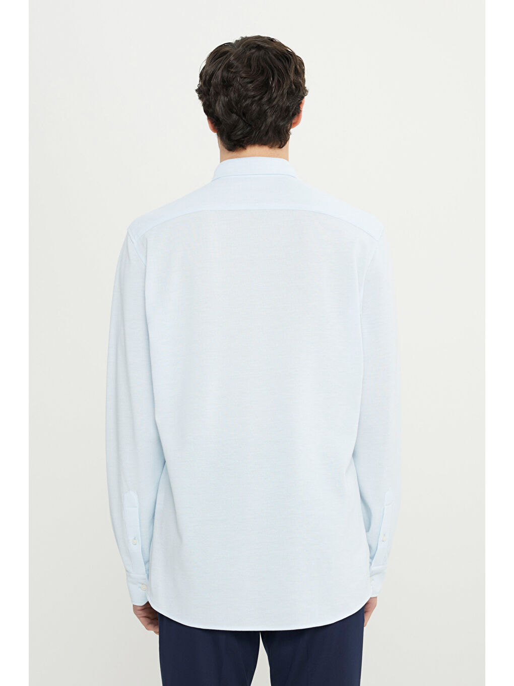 Erkek Mavi 360 Her Yöne Esneyen Pamuklu Slim Fit Dar Kesim Düğmeli Yaka Örme Gömlek-4