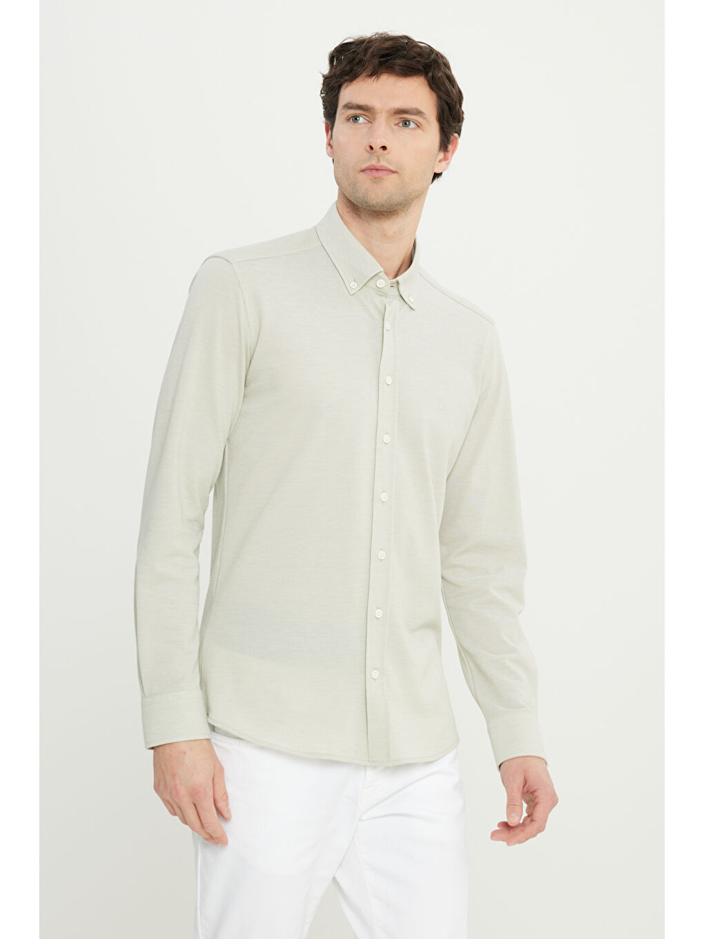 Erkek Haki 360 Her Yöne Esneyen Pamuklu Slim Fit Dar Kesim Düğmeli Yaka Örme Gömlek-2