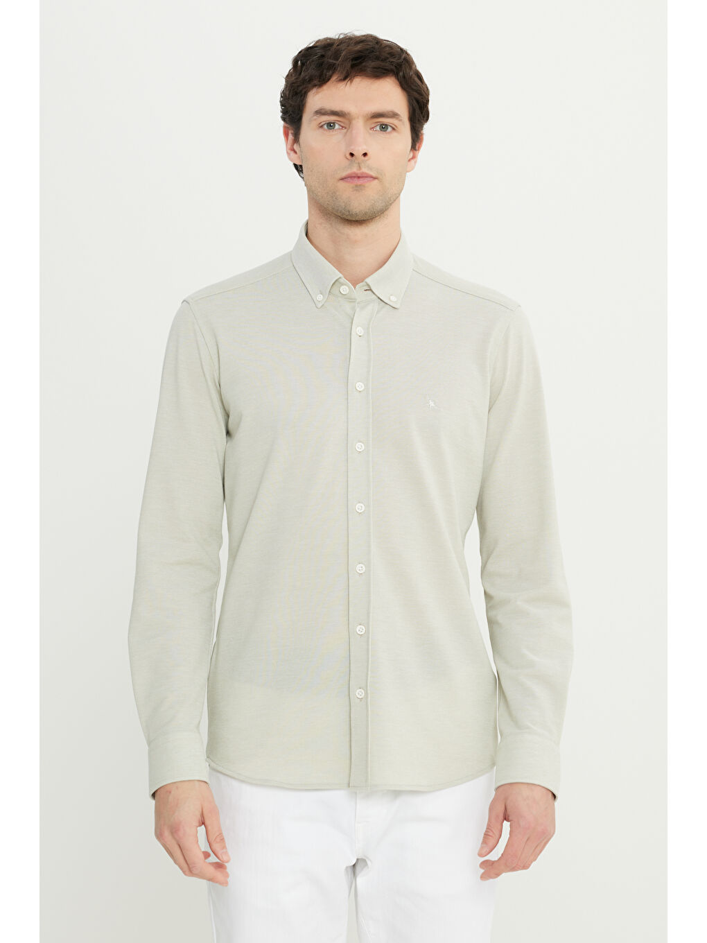 Erkek Haki 360 Her Yöne Esneyen Pamuklu Slim Fit Dar Kesim Düğmeli Yaka Örme Gömlek-3