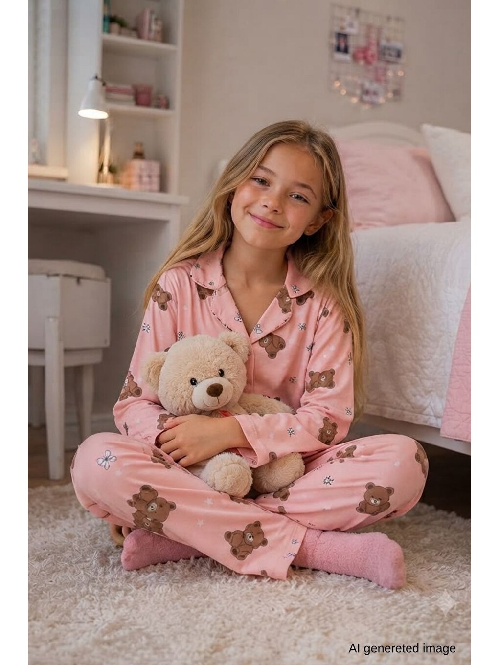 Turuncu Kız Çocuk Aile Boyu Pamuklu Desenli Pijama Takım Tkm1023-1