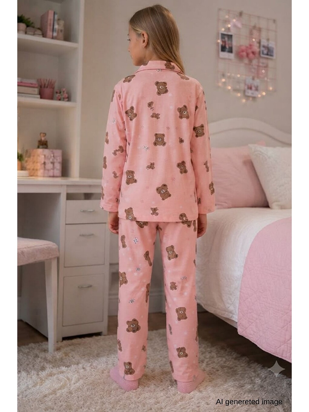 Turuncu Kız Çocuk Aile Boyu Pamuklu Desenli Pijama Takım Tkm1023-4
