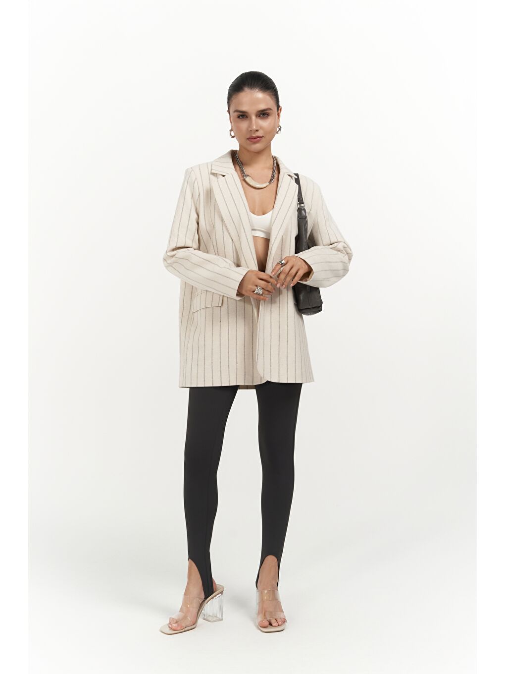 Gri Juba Füme Çizgili Bej Basic Blazer-1