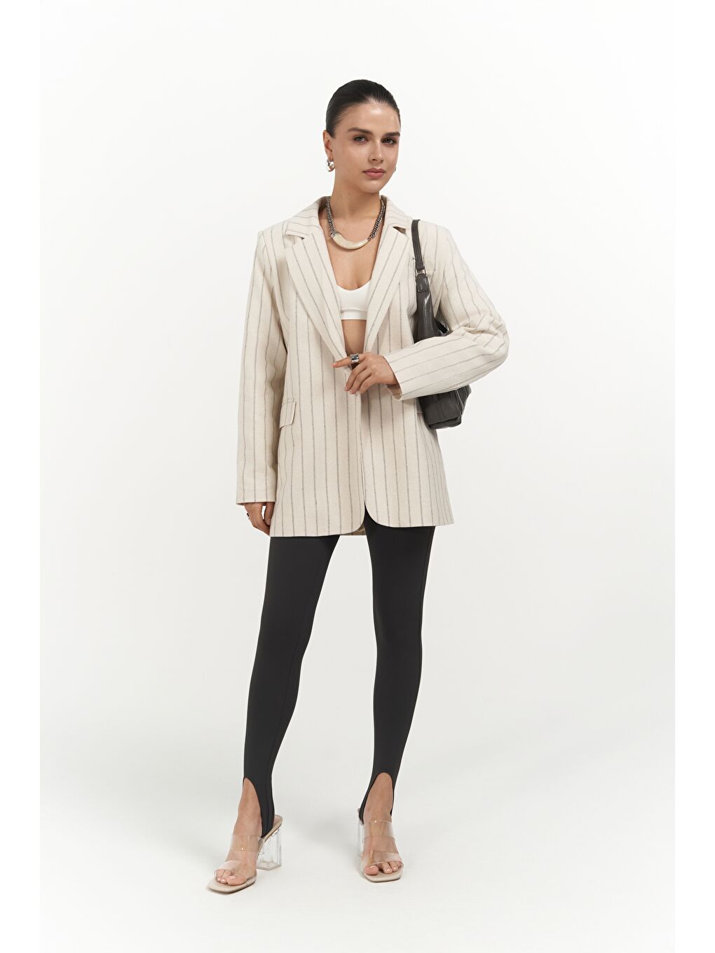 Gri Juba Füme Çizgili Bej Basic Blazer-2