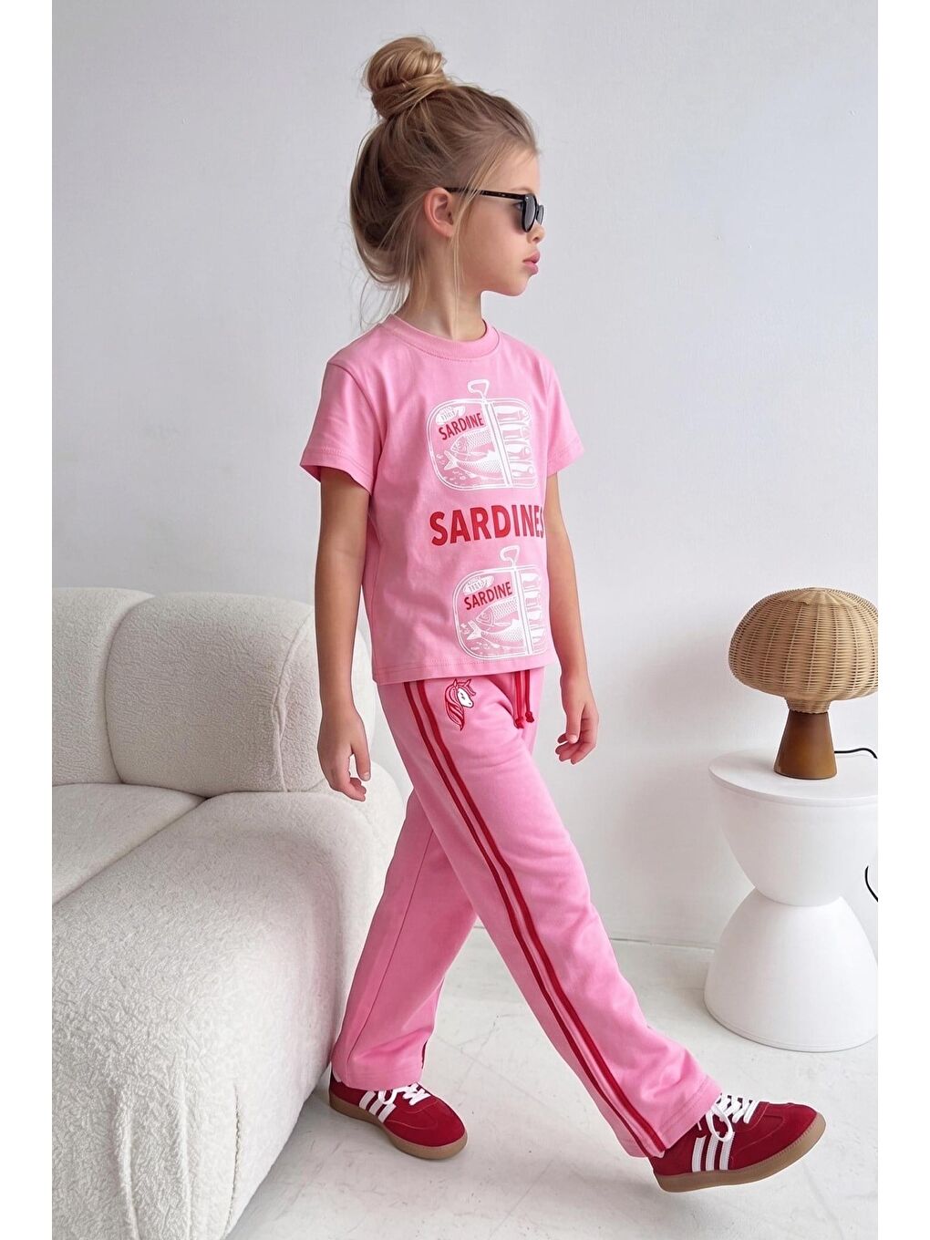 Kız Çocuk Pamuklu Pembe Baskılı T-Shirt Ve Eşofman Alt Üst Takım