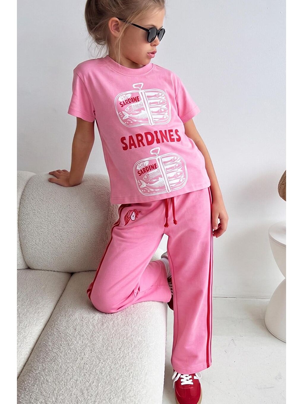 Kız Çocuk Pamuklu Pembe Baskılı T-Shirt Ve Eşofman Alt Üst Takım-1