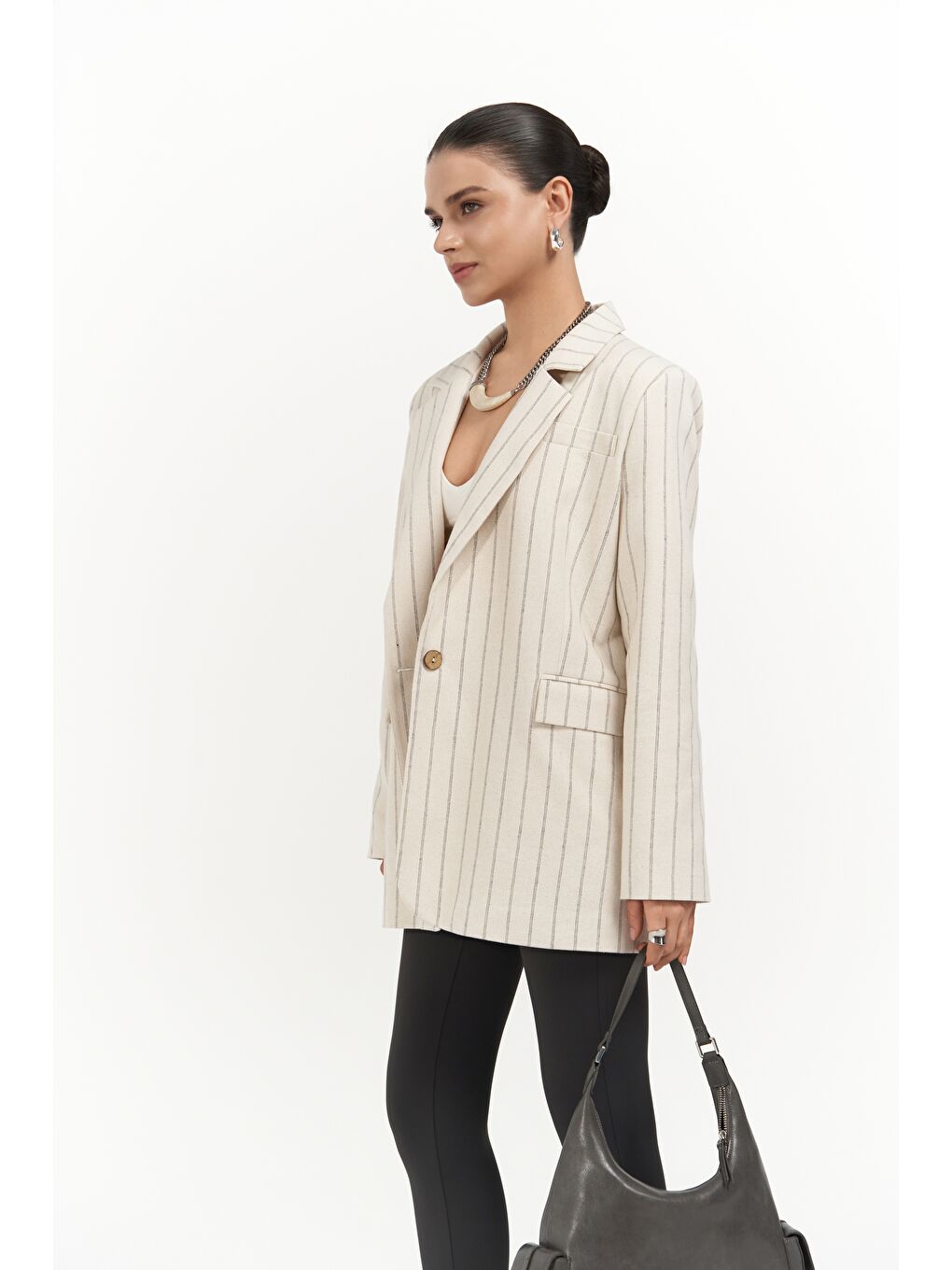 Gri Juba Füme Çizgili Bej Basic Blazer-4