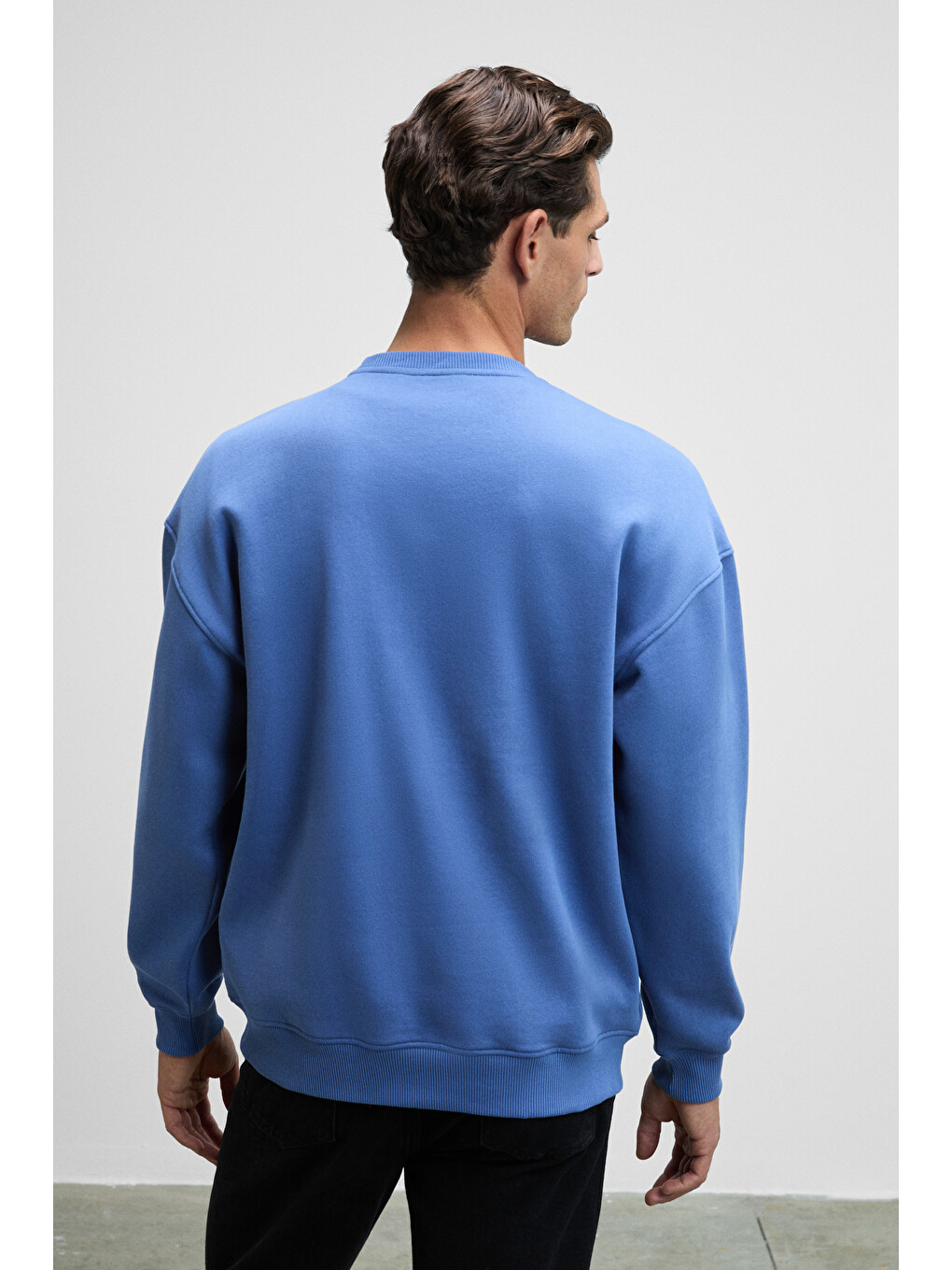 Ernest Erkek Organik Pamuklu Yumuşacık Baskı Detaylı Bisiklet Yaka İçi Polarlı Açık Mavi Sweatshirt-5
