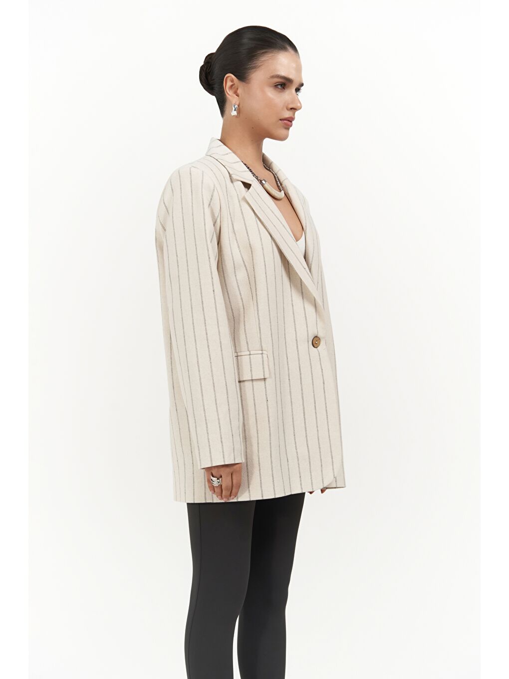 Gri Juba Füme Çizgili Bej Basic Blazer-6