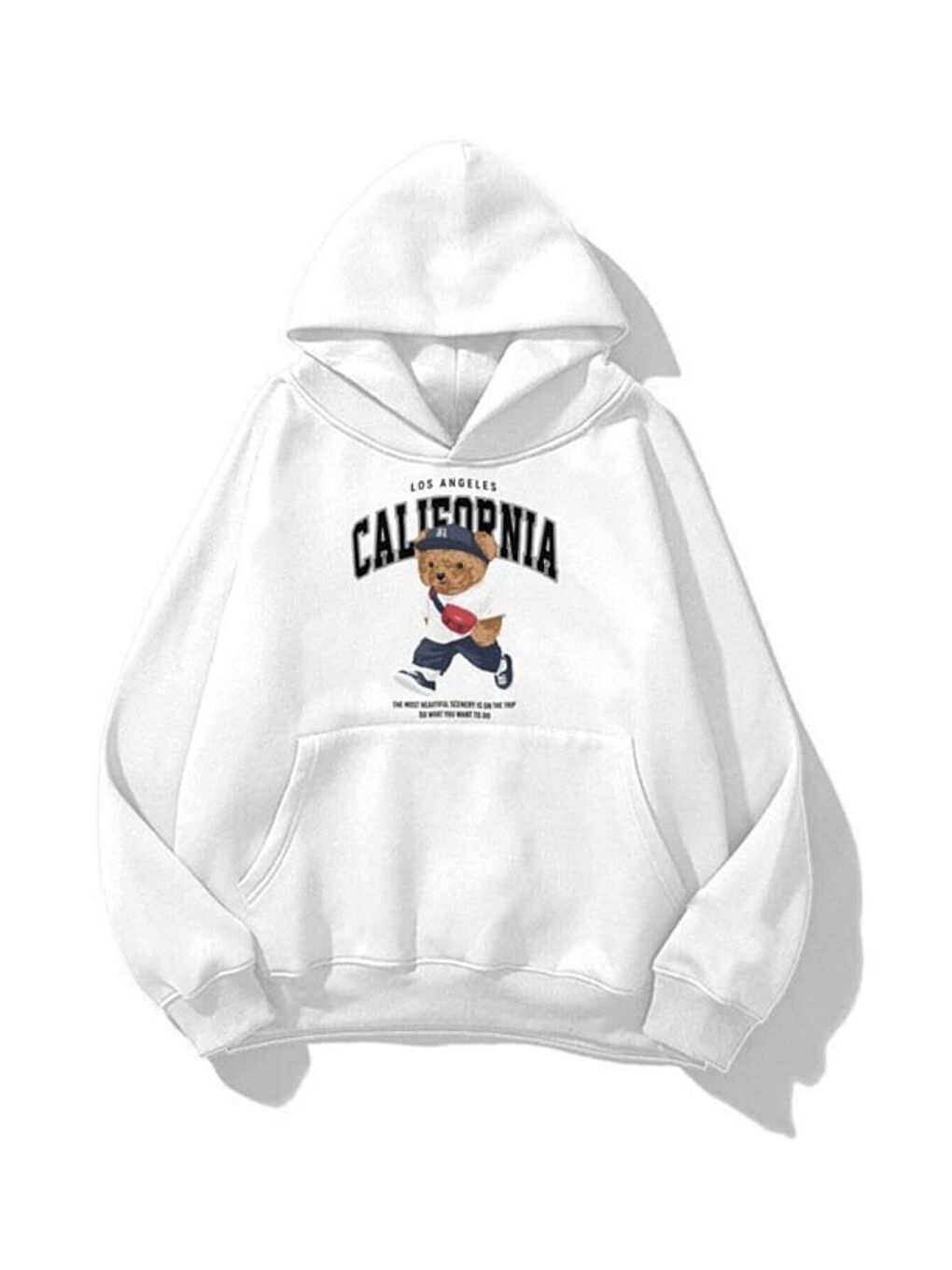 Unisex California Bear Baskılı Kapüşonlu Sweatshirt Hoodie Beyaz