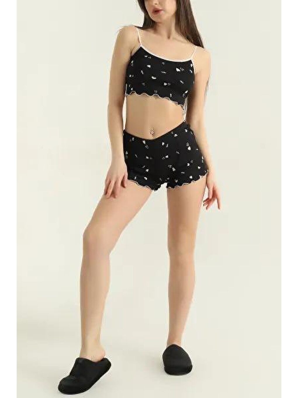 Kalp Desenli Şortlu Takım Siyah - 27440-1