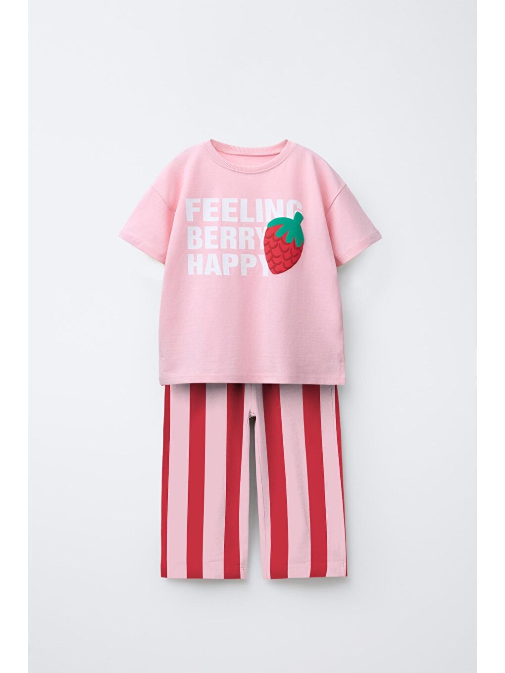 Kız Çocuk Pamuklu Pembe Çilek Baskılı T-Shirt Eşofman Takım