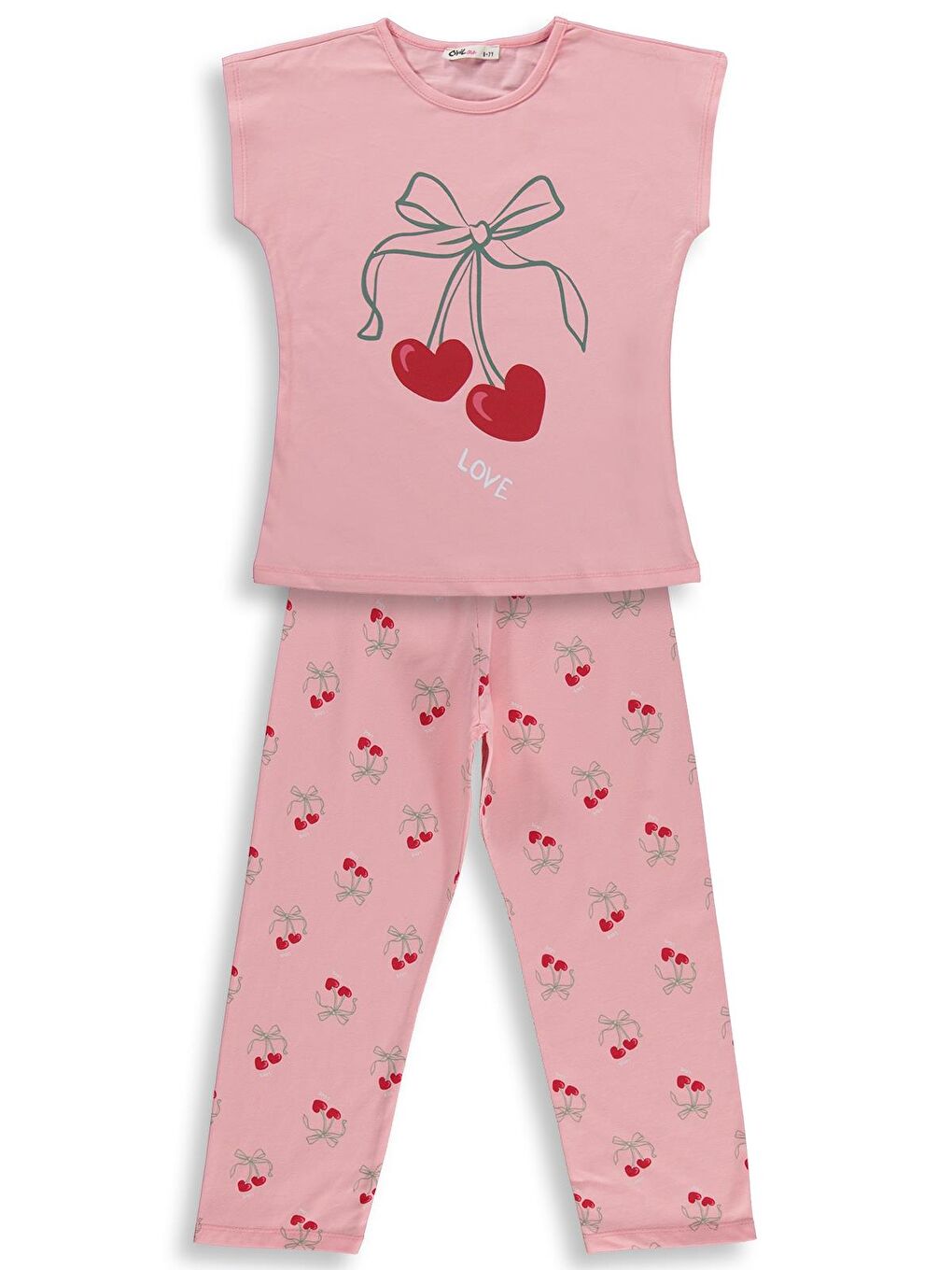 Pembe Girls Kiraz Desenli 10-13 Yaş Pijama Takımı - Pudra