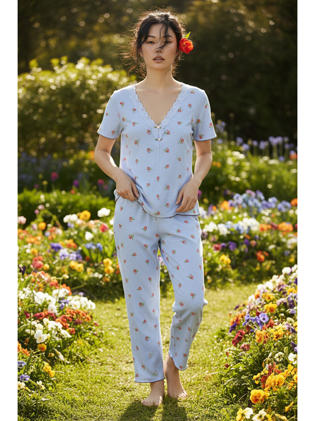 Mavi Lale Desenli Dantelli Bürümcük-krınkıl Kısa Kollu Pijama Takım 26120727-1