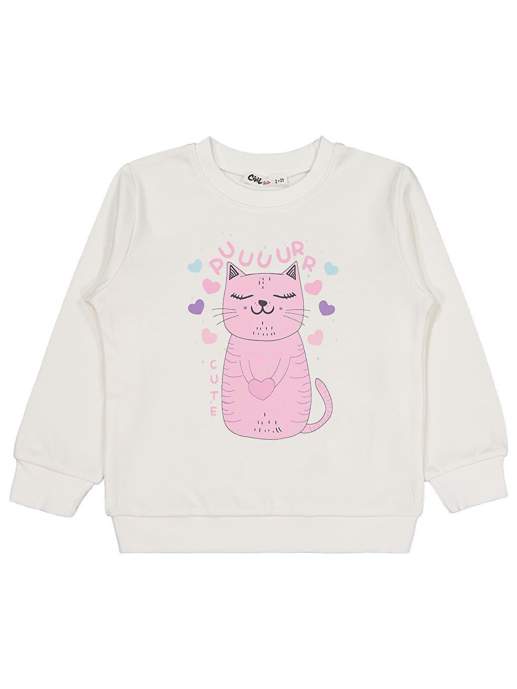 Girls Kedi Baskılı 2-5 Yaş Sweatshirt - Ekru