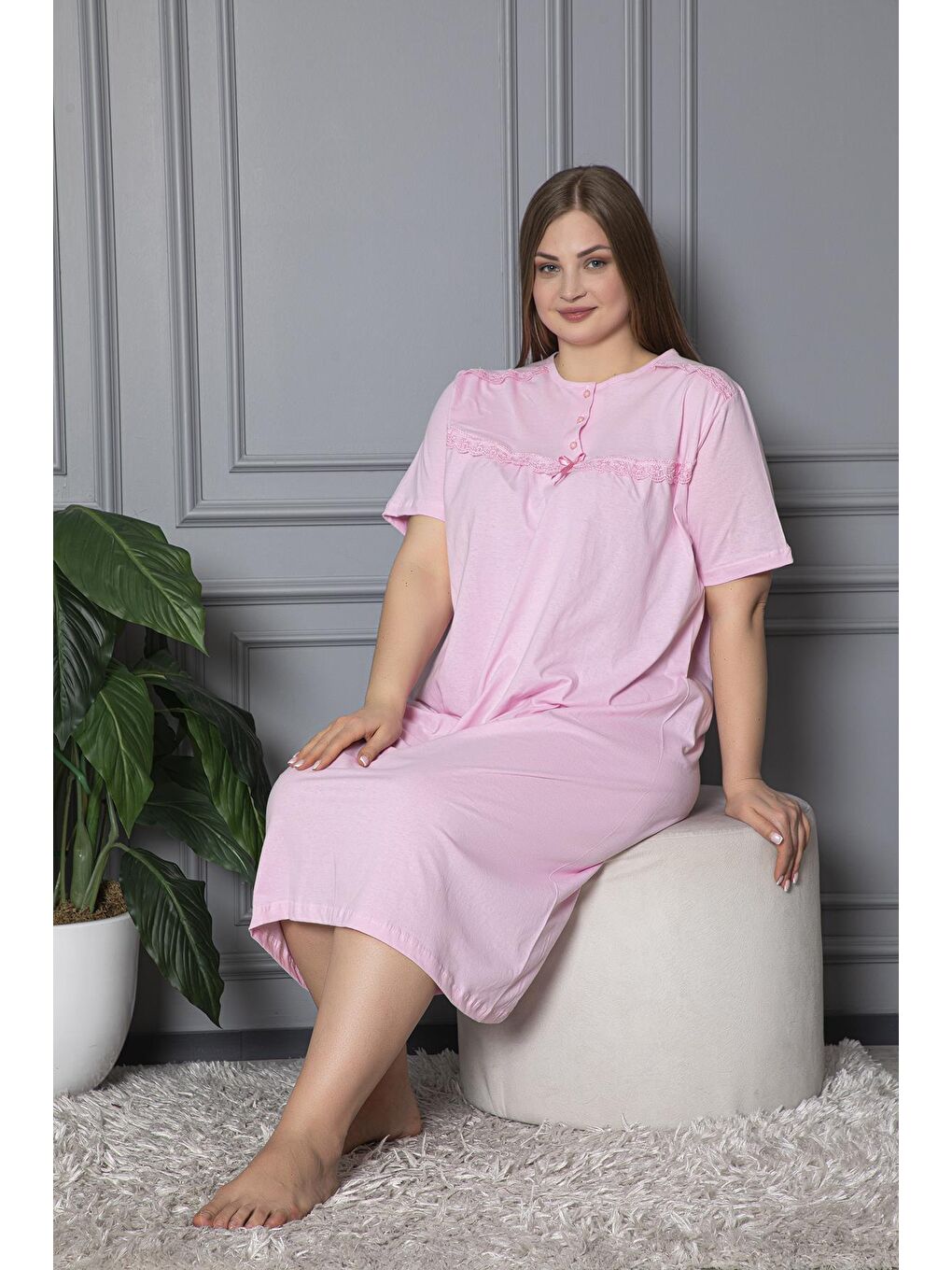 Pembe %100 Pamuklu Penye Kısa Kollu Büyük Beden Anne Geceliği 520-1