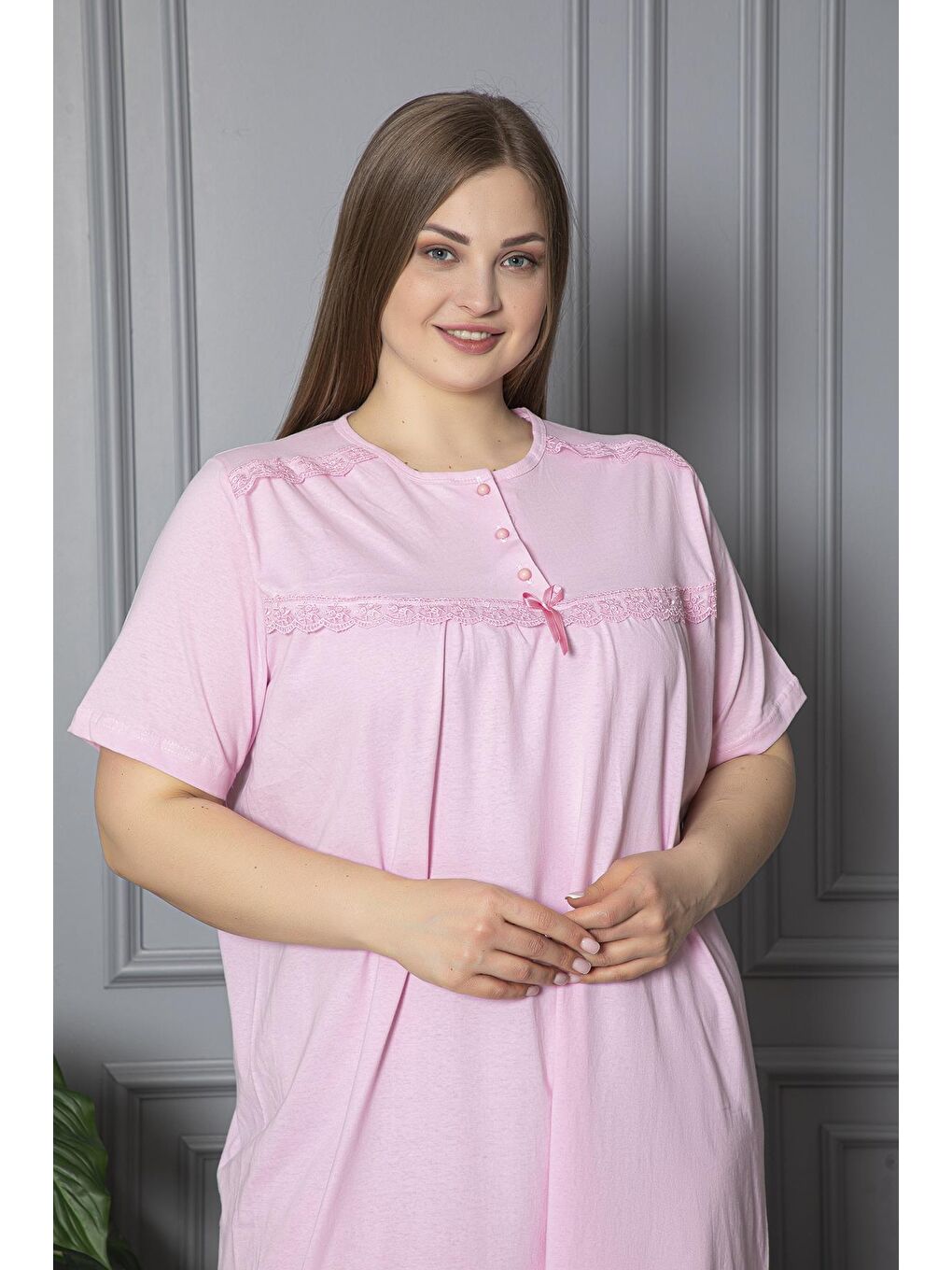 Pembe %100 Pamuklu Penye Kısa Kollu Büyük Beden Anne Geceliği 520-2