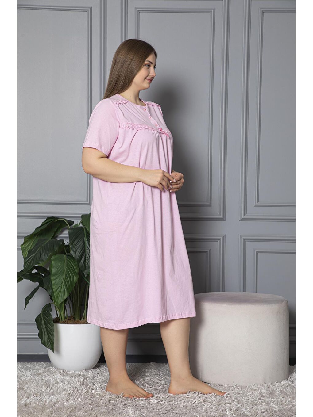 Pembe %100 Pamuklu Penye Kısa Kollu Büyük Beden Anne Geceliği 520-3