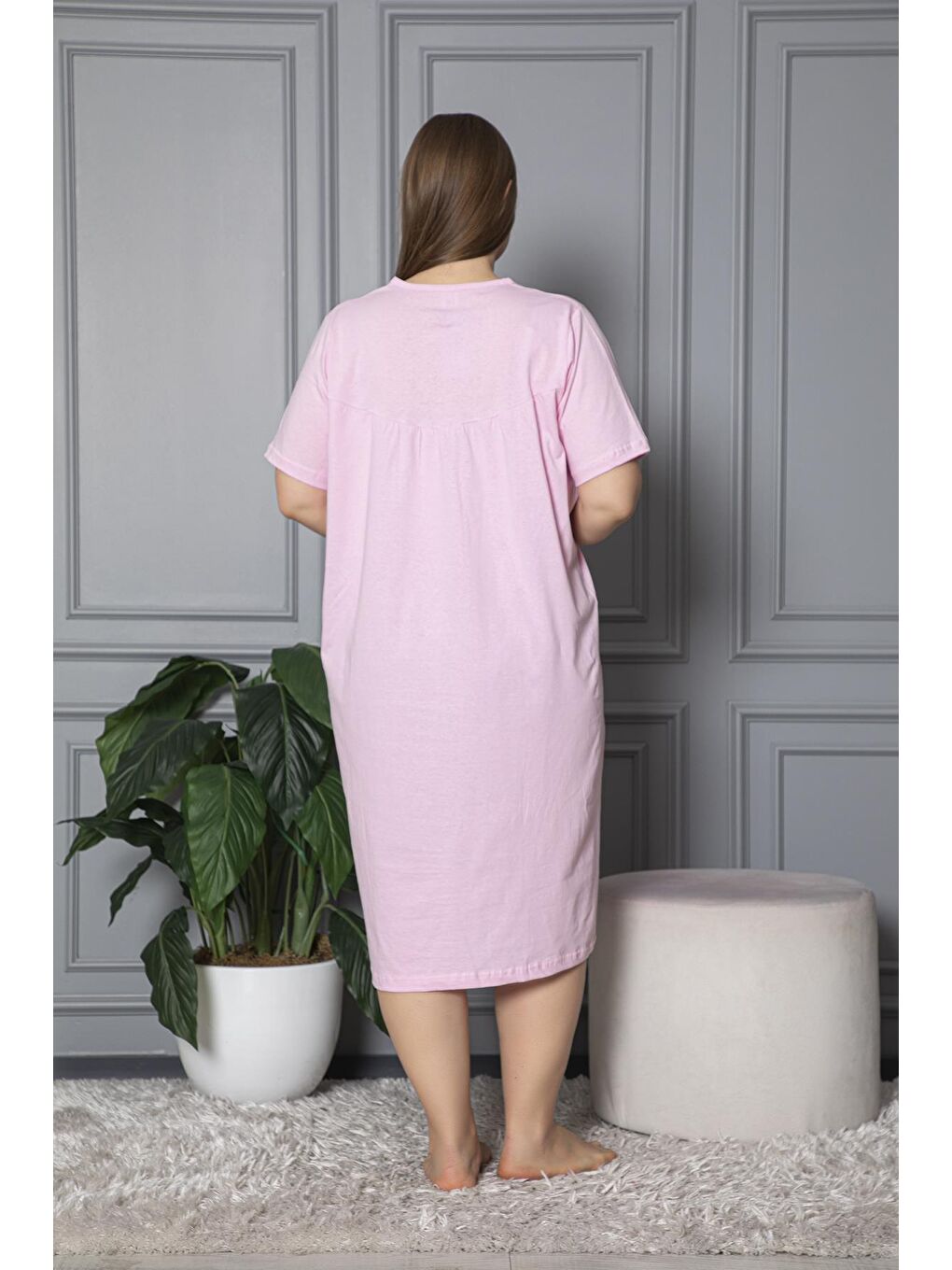 Pembe %100 Pamuklu Penye Kısa Kollu Büyük Beden Anne Geceliği 520-4