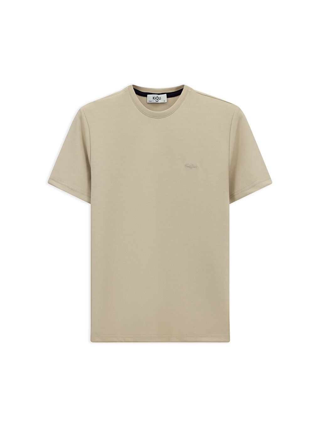 Bej Bisiklet Yaka Regular Fit Nakışlı Elastanlı Esnek Tişört