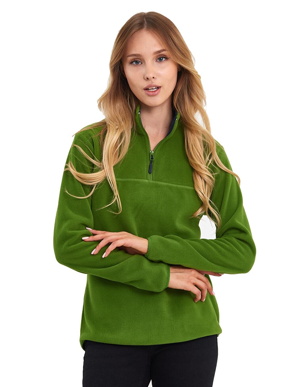 Yeşil Yarım Fermuarlı Dik Yaka Polar Kadın Sweatshirt