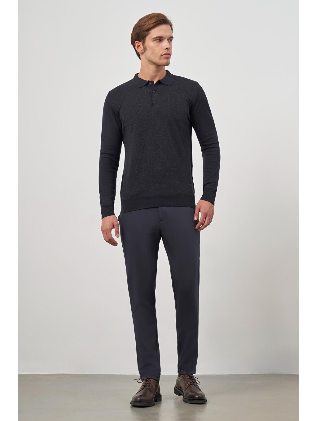 Koyu Lacivert Uzun Kol Kendinden Desenli Örme Polo Yaka Classic Comfort Fit Triko 1012245162-1