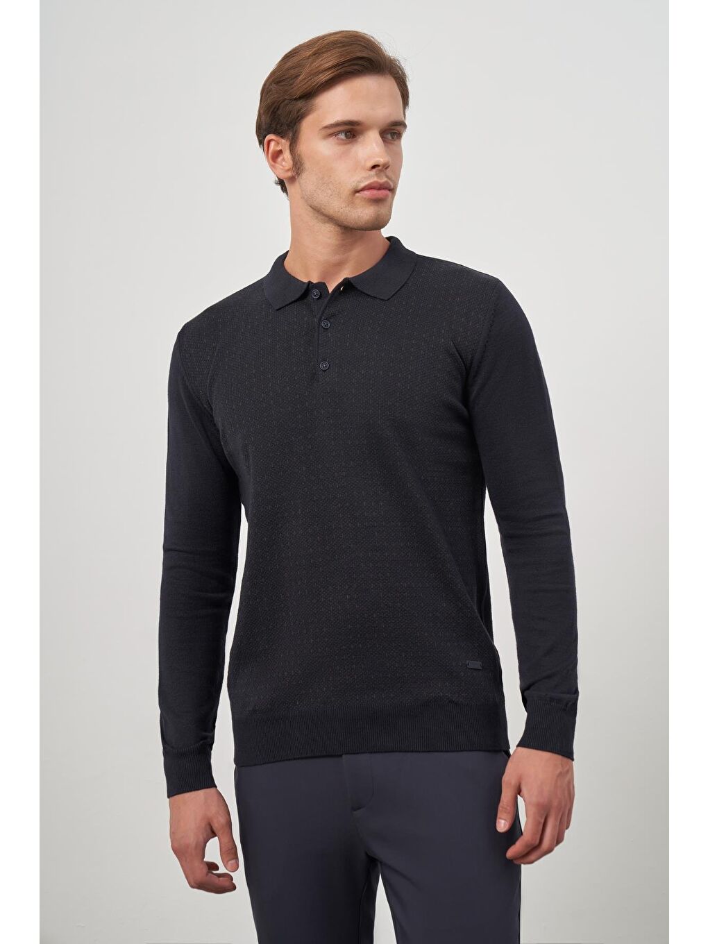 Koyu Lacivert Uzun Kol Kendinden Desenli Örme Polo Yaka Classic Comfort Fit Triko 1012245162-2