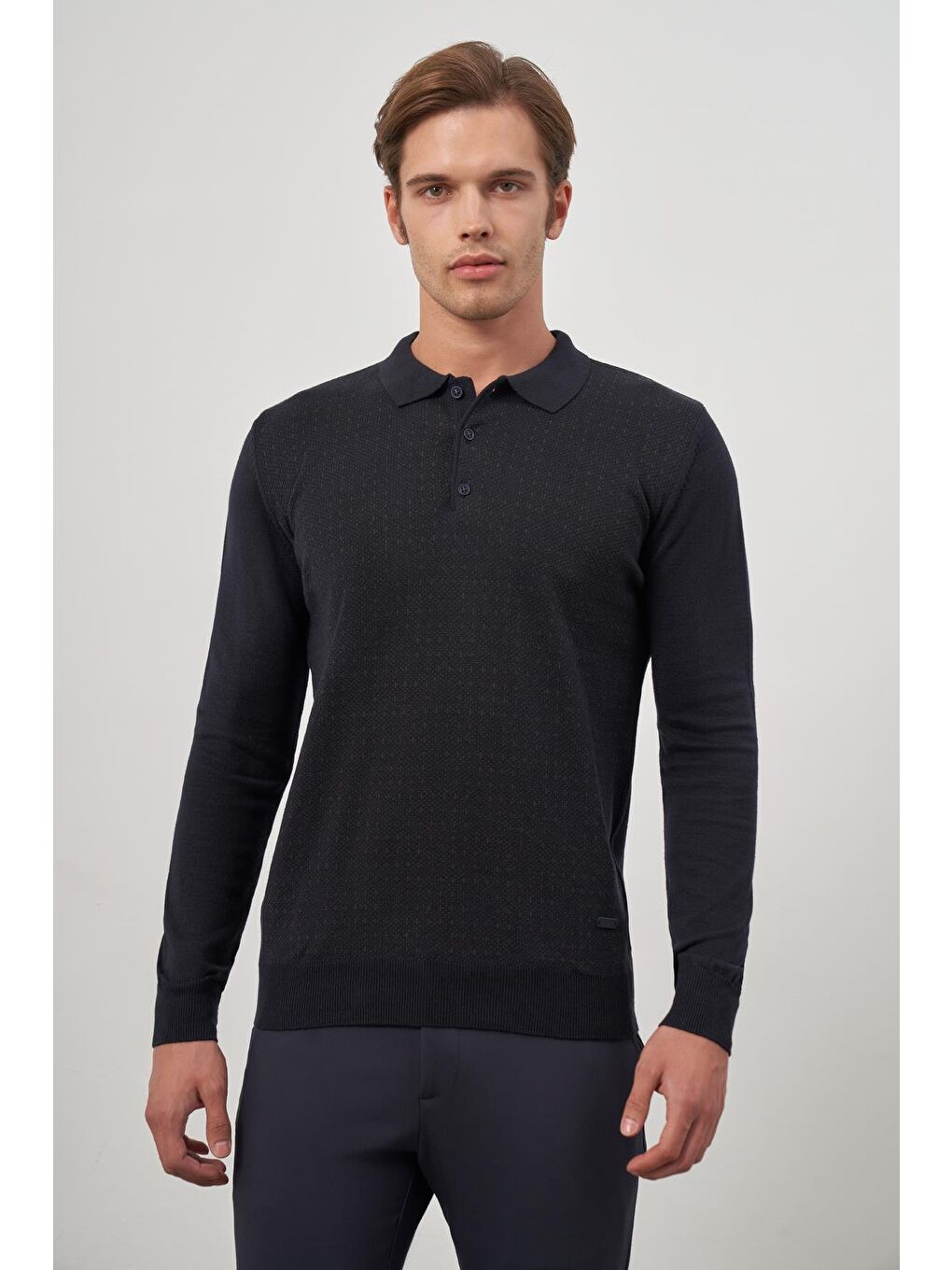 Koyu Lacivert Uzun Kol Kendinden Desenli Örme Polo Yaka Classic Comfort Fit Triko 1012245162-3