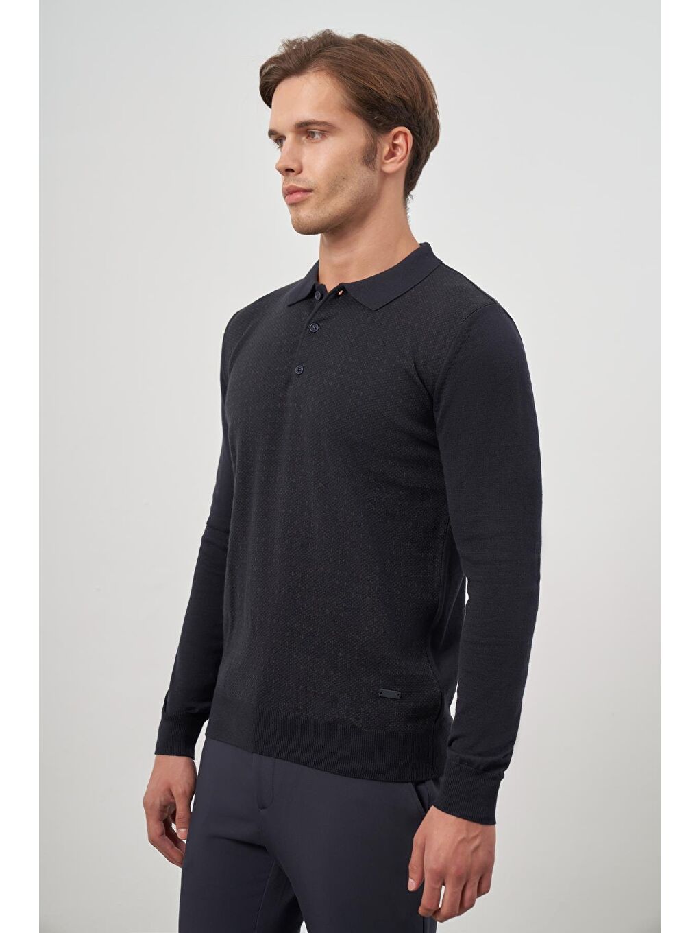 Koyu Lacivert Uzun Kol Kendinden Desenli Örme Polo Yaka Classic Comfort Fit Triko 1012245162-4