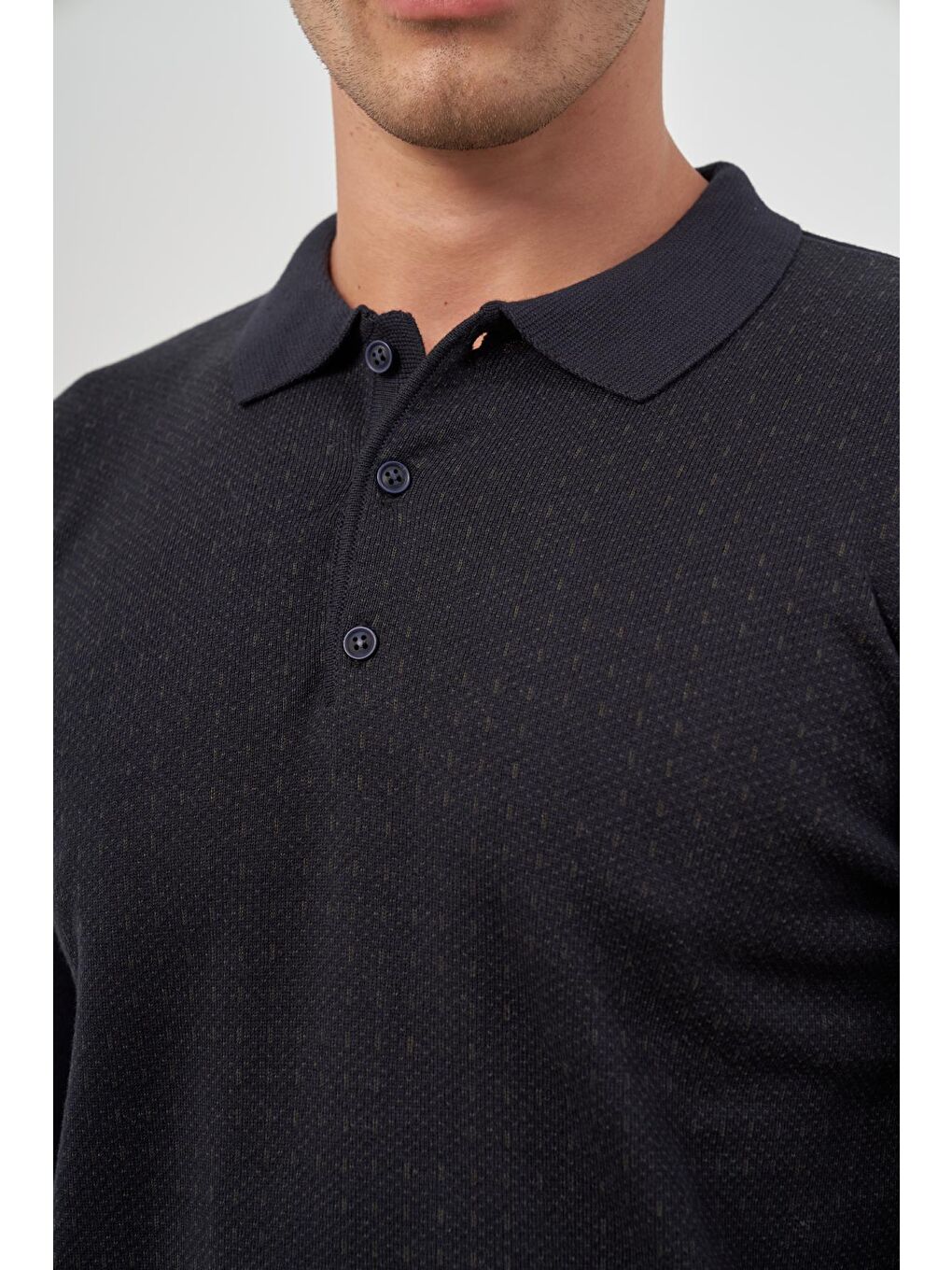 Koyu Lacivert Uzun Kol Kendinden Desenli Örme Polo Yaka Classic Comfort Fit Triko 1012245162-5