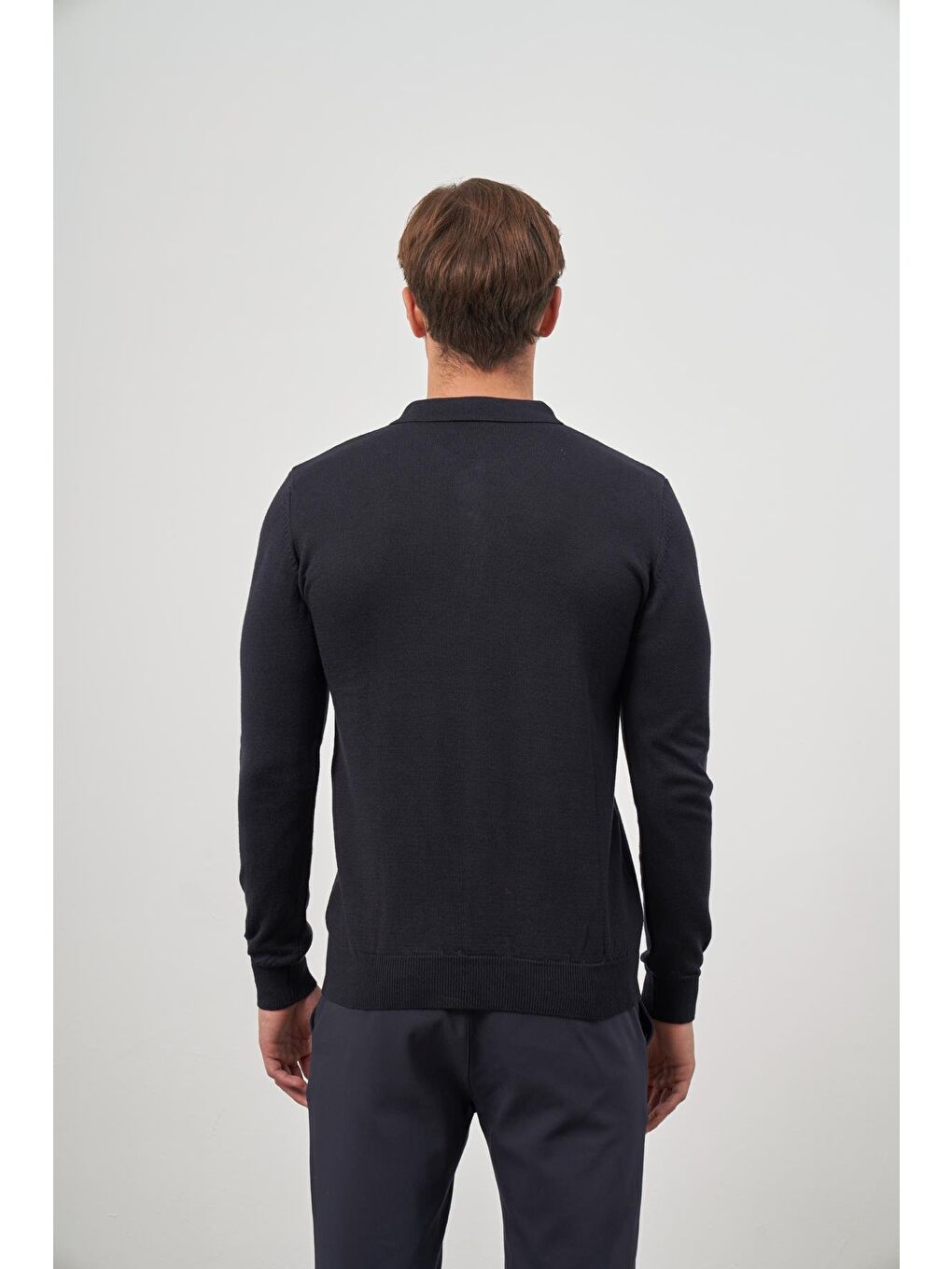 Koyu Lacivert Uzun Kol Kendinden Desenli Örme Polo Yaka Classic Comfort Fit Triko 1012245162-6