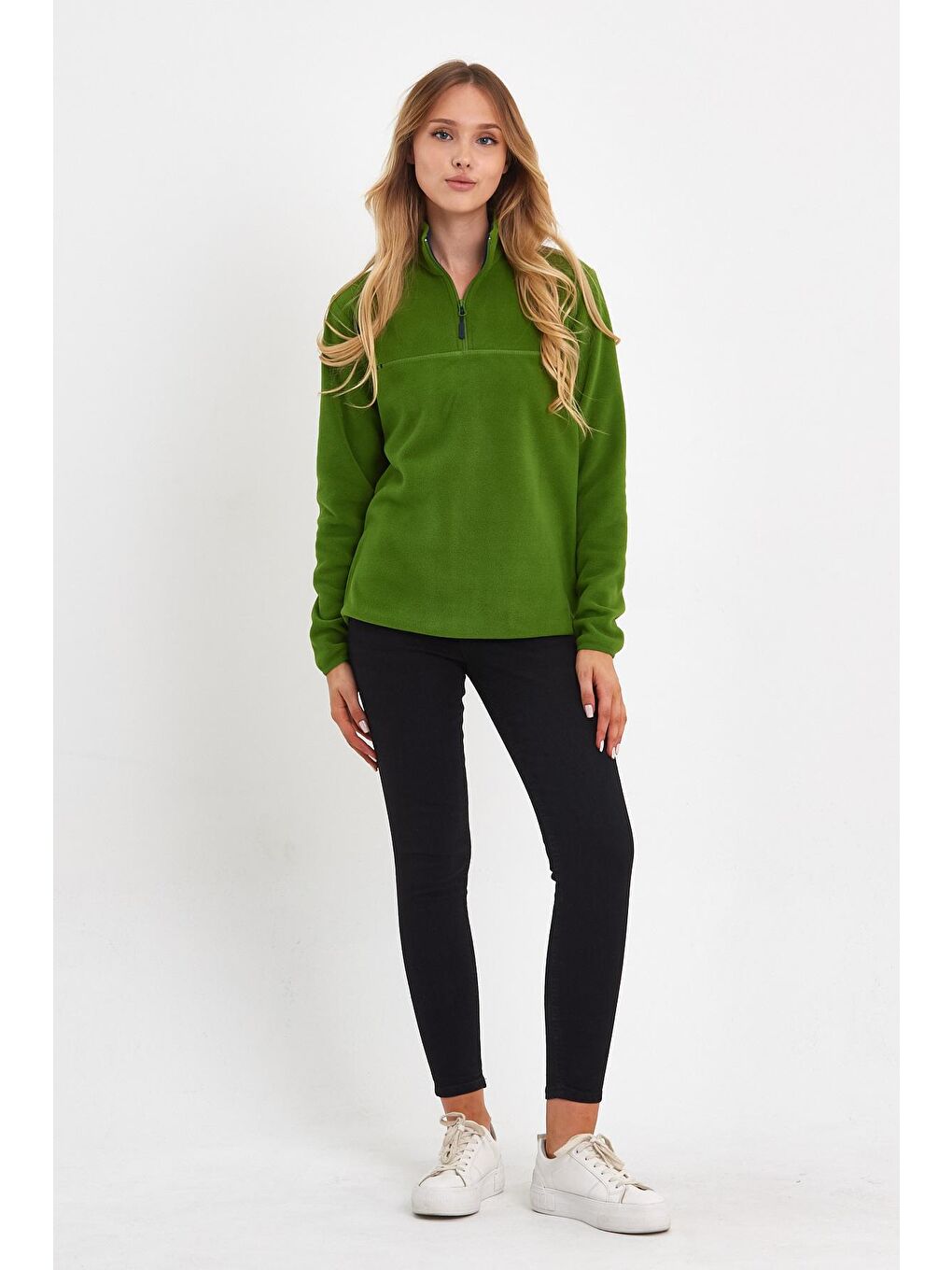 Yeşil Yarım Fermuarlı Dik Yaka Polar Kadın Sweatshirt-1