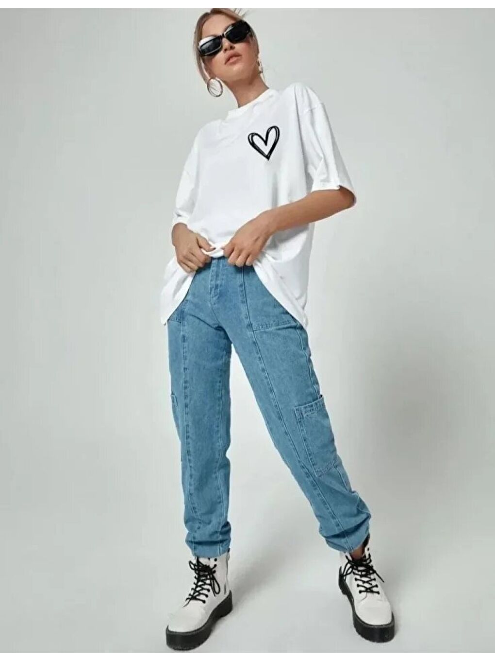 Bisiklet Yaka Baskılı Oversize T-Shirt - Beyaz-2