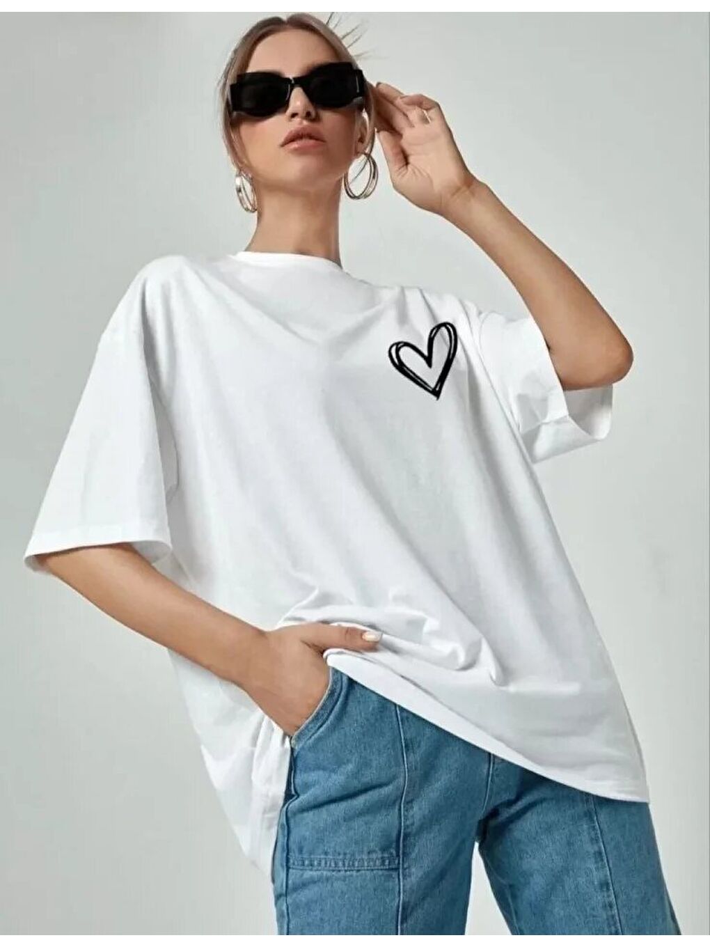 Bisiklet Yaka Baskılı Oversize T-Shirt - Beyaz-3