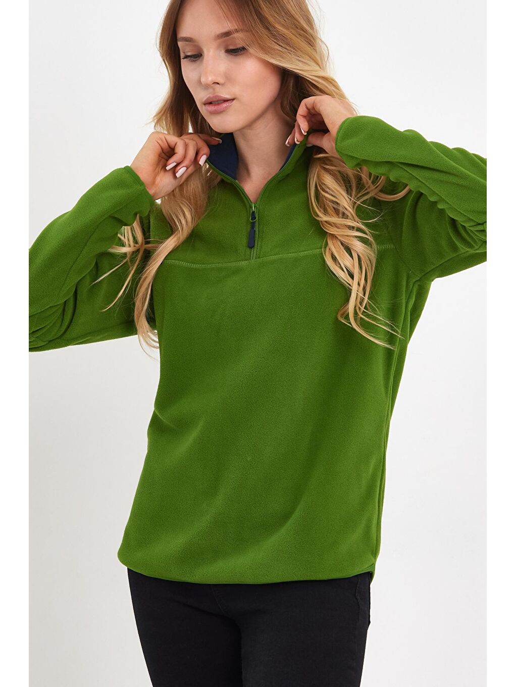 Yeşil Yarım Fermuarlı Dik Yaka Polar Kadın Sweatshirt-2