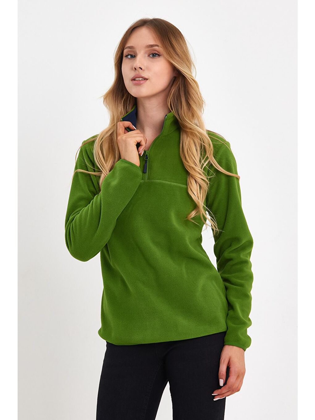 Yeşil Yarım Fermuarlı Dik Yaka Polar Kadın Sweatshirt-3
